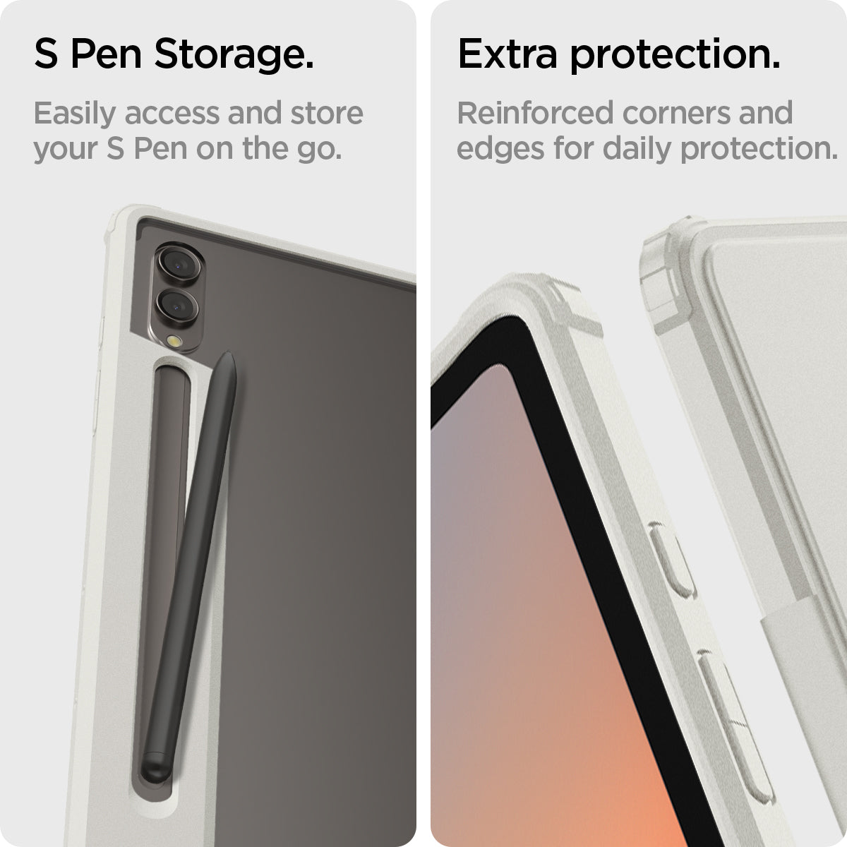 ACS08796 - Galaxy Tab S10 Case Ultra Hybrid Pro in gray S pen storage. Easily access and store your S pen on the go. Extra protection. Reinforced corners and edges for daily protection.