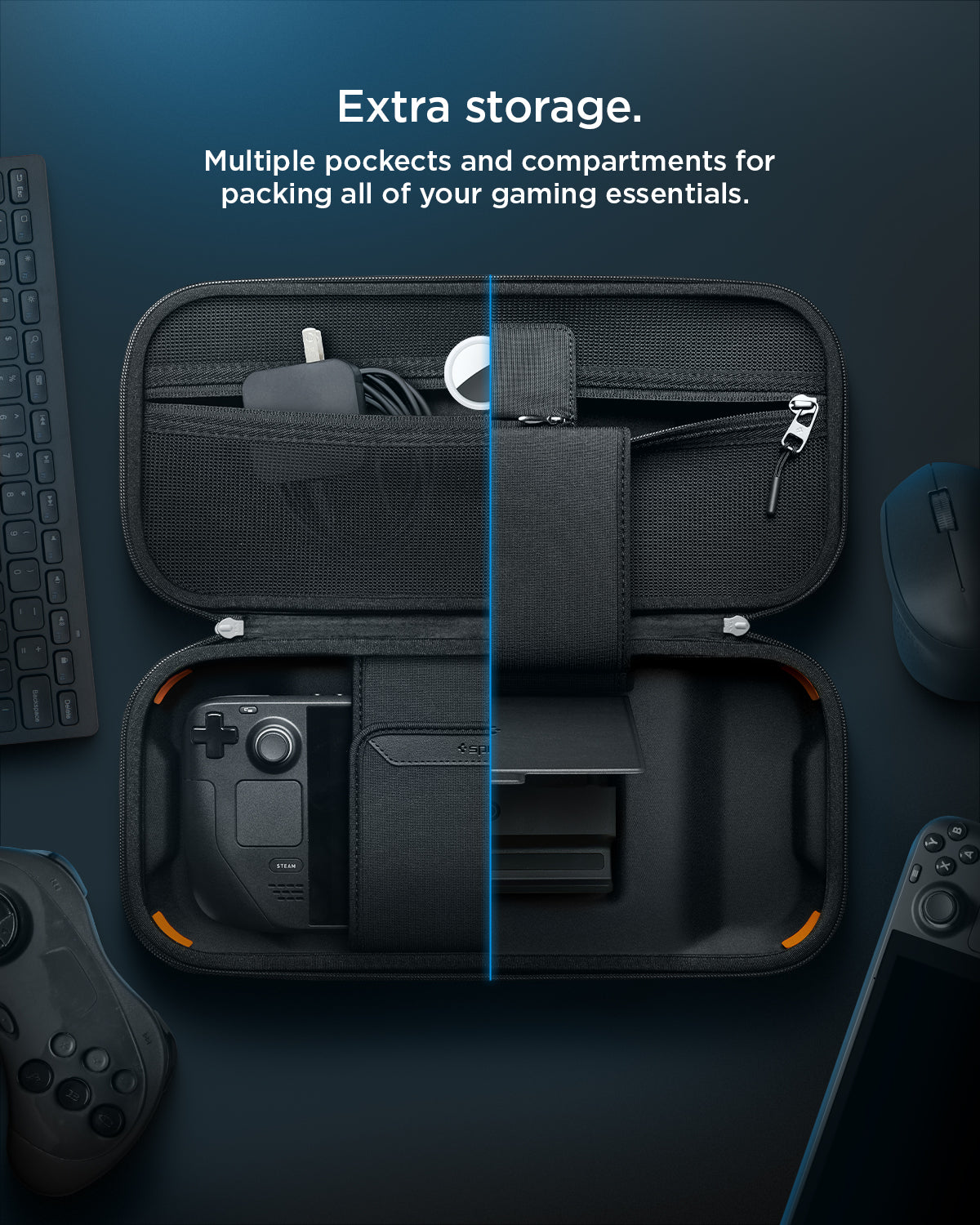 AFA03731 - Steam Deck Case Rugged Armor Pro Sleeve in black showing the extra storage. Multiple pockets and compartments for packing all of your gaming essentials