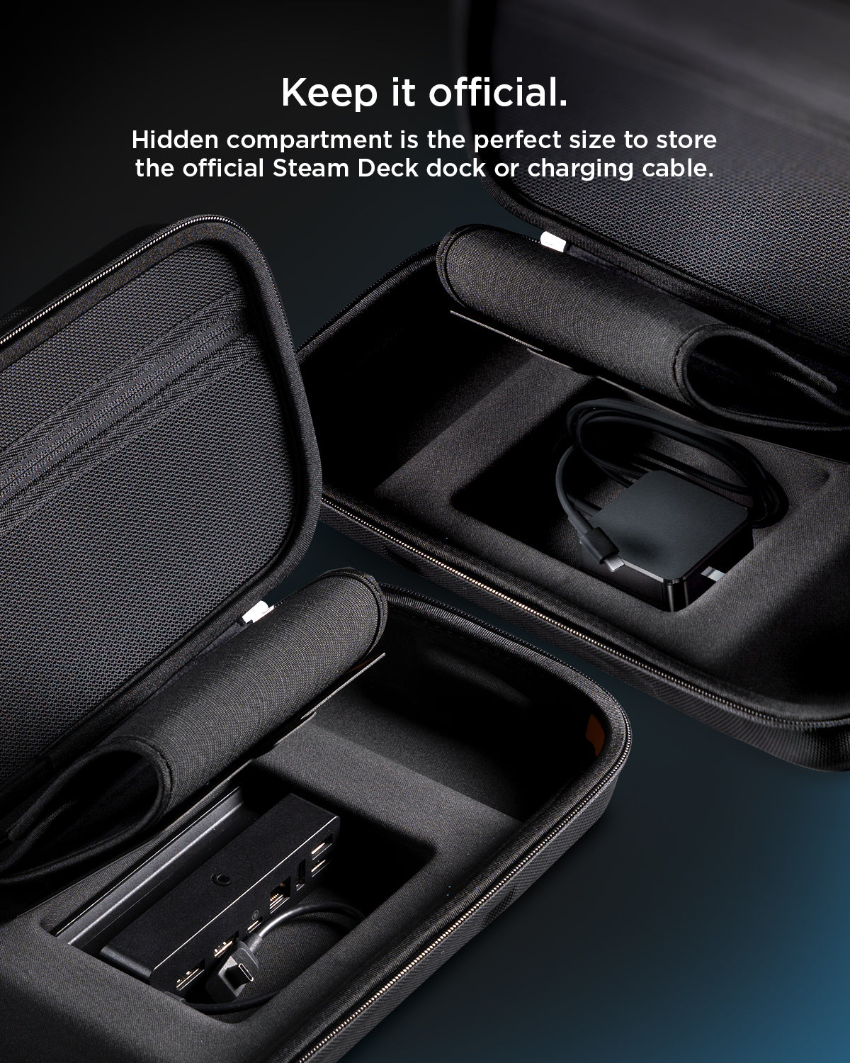 AFA03731 - Steam Deck Case Rugged Armor Pro Sleeve in black showing the hidden compartment. Perfect size to store the official Steam Deck dock or charging cable