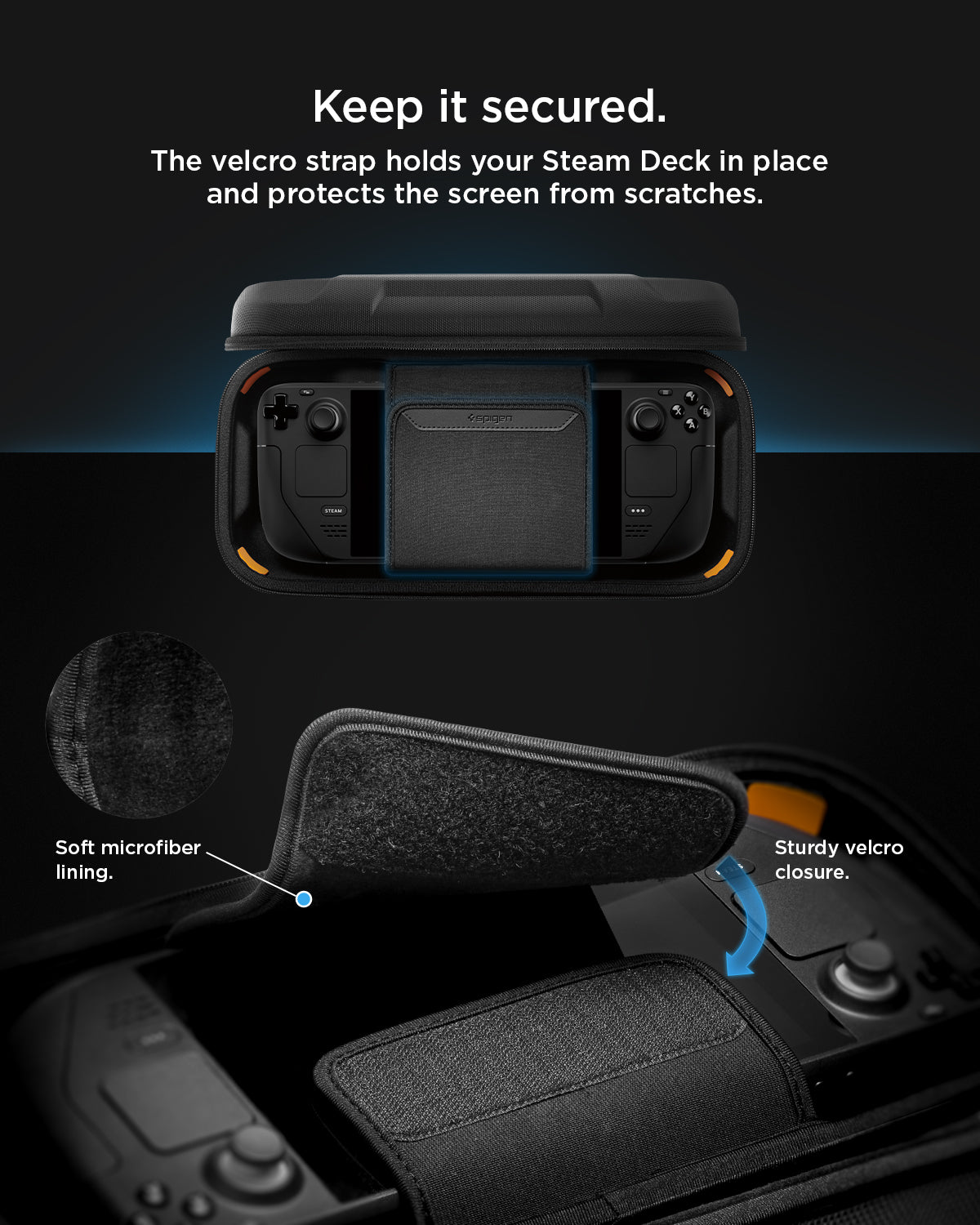 AFA03731 - Steam Deck Case Rugged Armor Pro Sleeve in black showing the the velcro strap that holds your Steam Deck in place and protects the screen from scratches with sturdy velcro closure