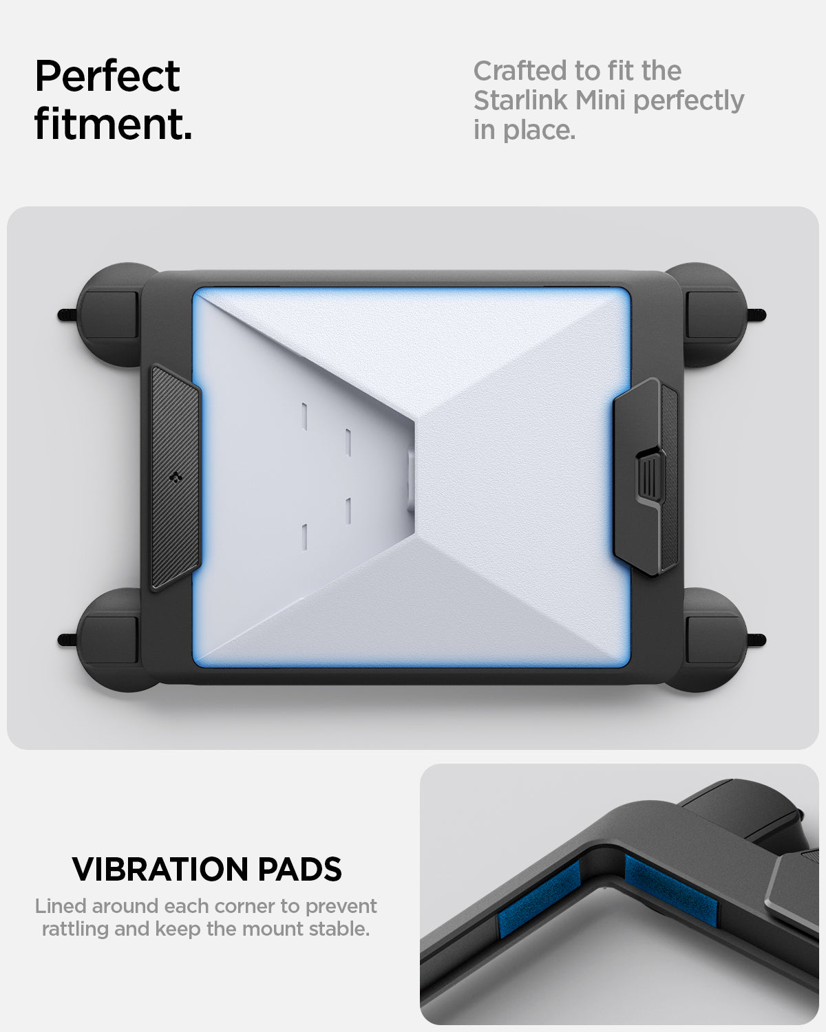 ACP09333 - Starlink Mini Car Mount STL100 showing perfect fitment. Vibration pads. lined around each corner to prevent ratting and keep the mount stable