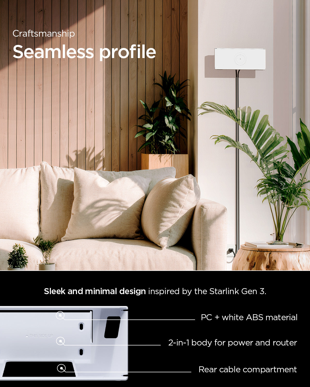 AMP09408 - Starlink Gen 3 Mount | STL310 in White showing the craftsmanship. Seamless profile. Sleek and minimal design inspired by the Starlink Gen 3. PC + white ABS material, 2-in-1 body for power and router, Rear cable compartment