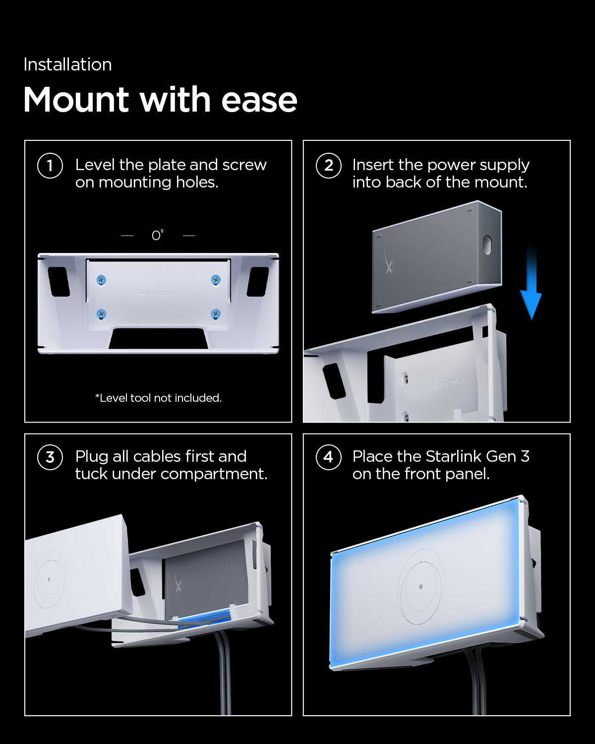 AMP09408 - Starlink Gen 3 Mount | STL310 in White showing the installation. Mount with ease. Level the plate and screw on mounting holes. 2. Insert the power supply into back of the mount 3. Plug all cables first and tuck under compartment and 4. Place the Starlink Gen 3 on the front panel
