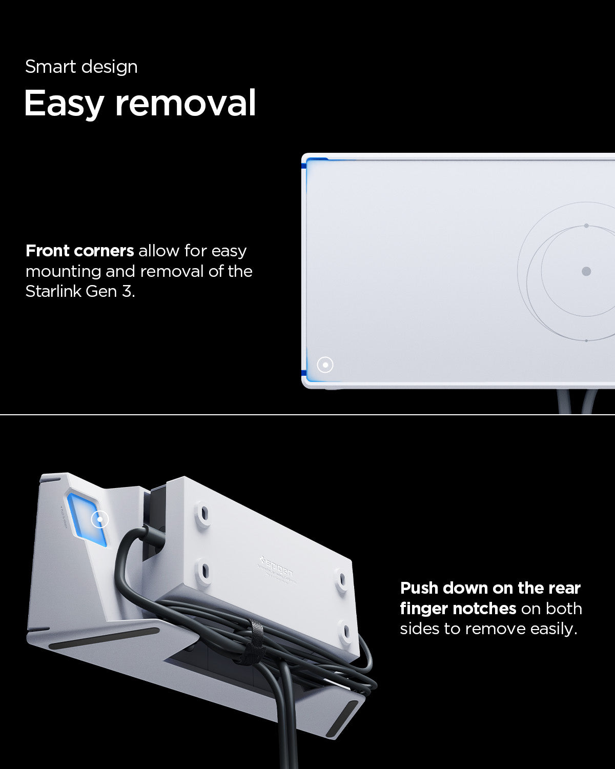 AMP09408 - Starlink Gen 3 Mount | STL310 in White showing the smart design. Easy removal. Front corners allow for easy mounting and removal of the Starlink Gen 3. Push down on the rear finger notches on both sides to remove easily
