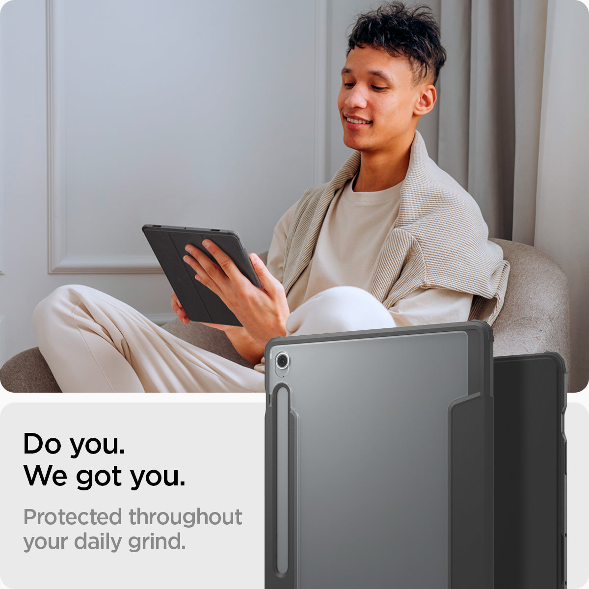 ACS09446 - Galaxy Tab S10 FE+ Case Ultra Hybrid Pro in Black showing the protection throughout your daily grind