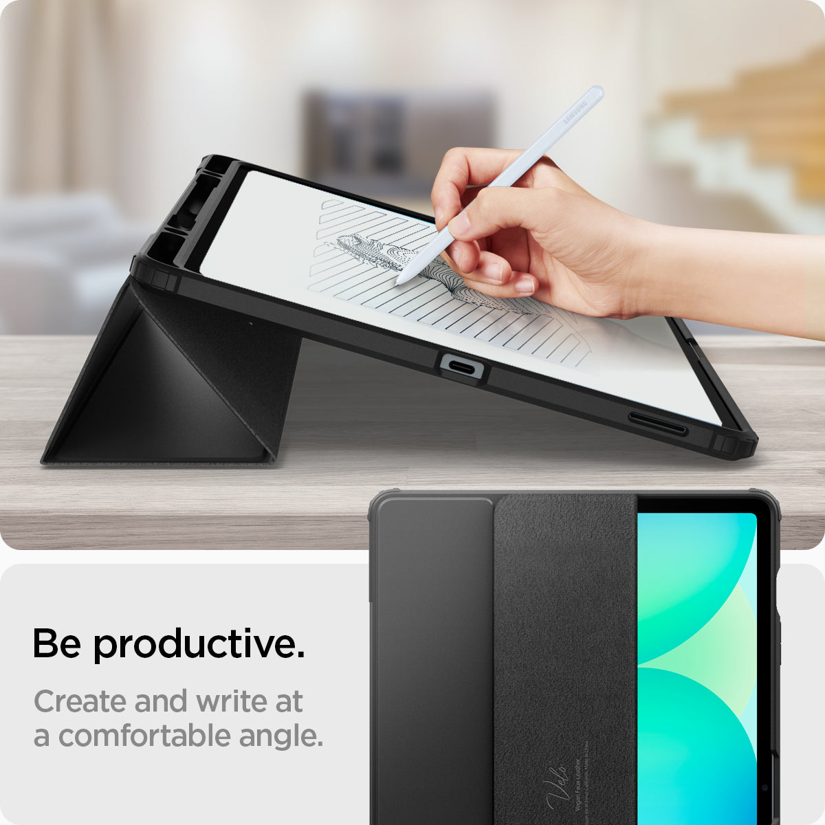 ACS09446 - Galaxy Tab S10 FE+ Case Ultra Hybrid Pro in Black showing being productive. Create and write at a comfortable angle