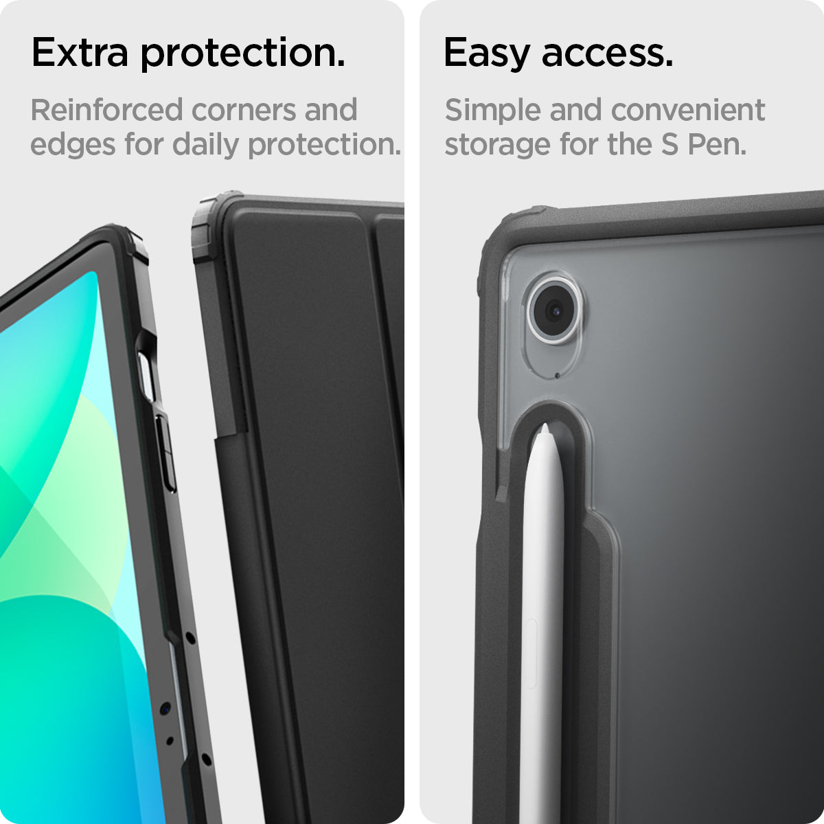 ACS09446 - Galaxy Tab S10 FE+ Case Ultra Hybrid Pro in Black showing the easy access. Simple and convenient storage for the S Pen. Extra protection. Reinforced corners and edges for daily protection