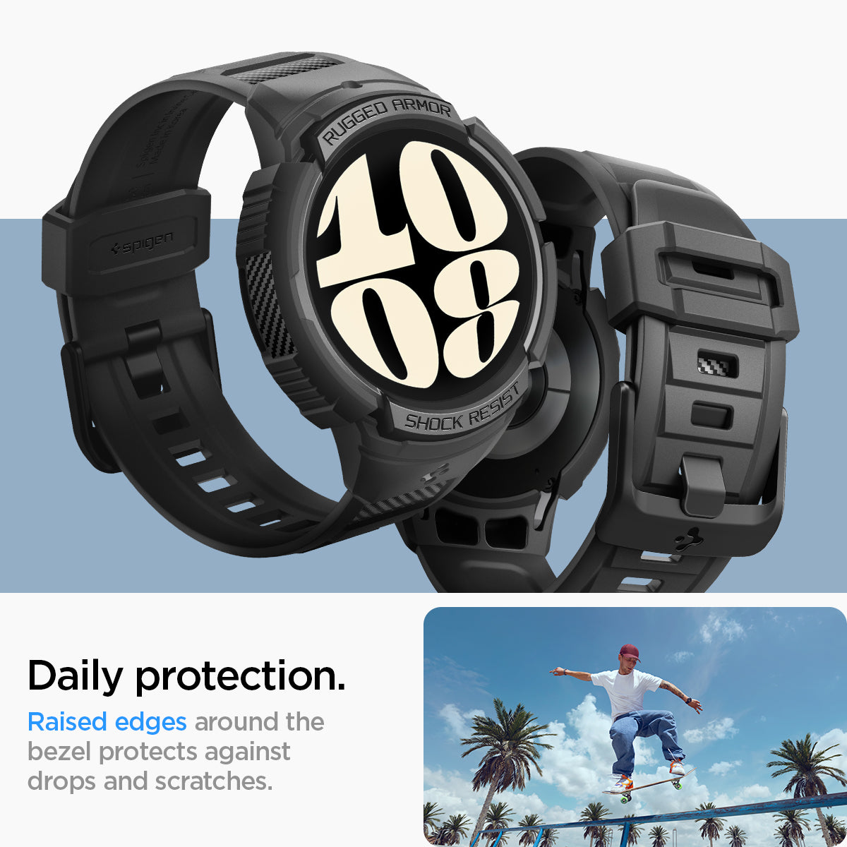 ACS06496 - Galaxy Watch 6 (44mm) Case Rugged Armor Pro in black daily protection. raised edges around the bezels protects against drops and scratches.
