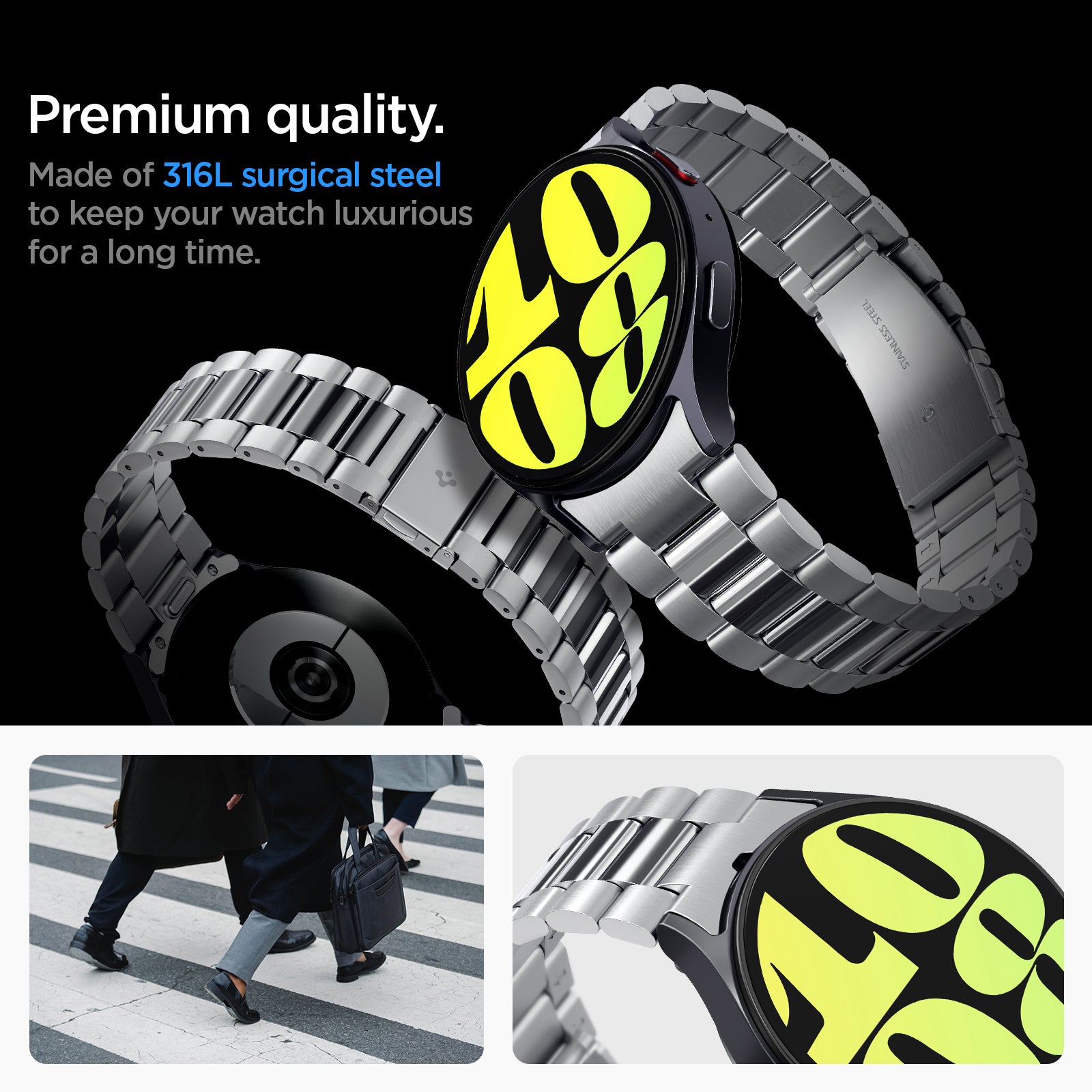 AMP08341 - Galaxy Watch 7 (44mm) Modern Fit 316L Band in Silver premium quality. Made of 316L surgical steel to keep your watch luxurious for a long time.