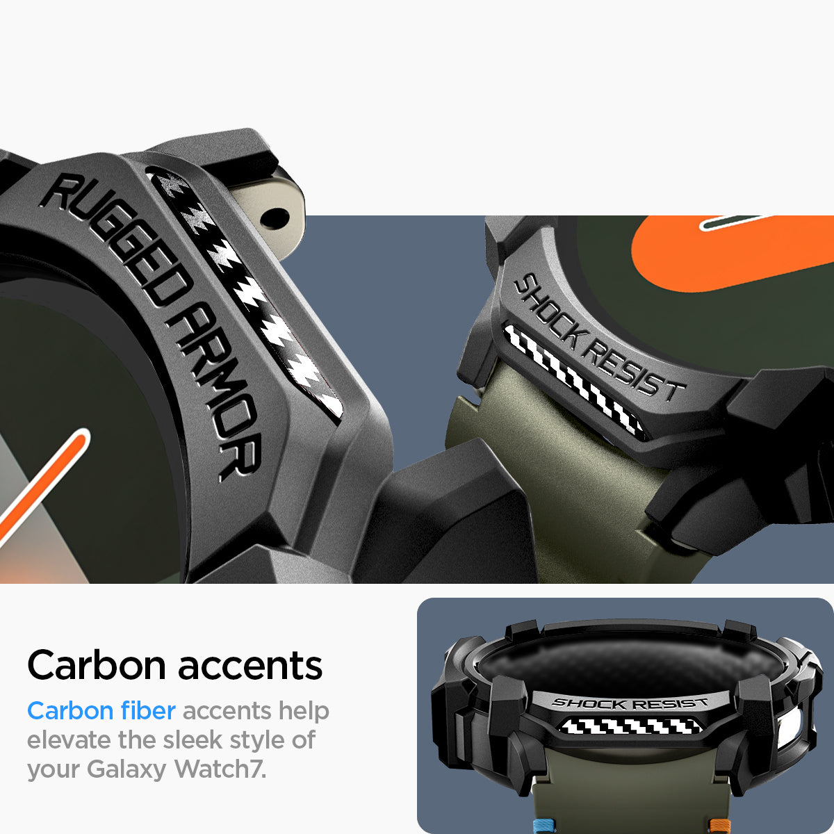 ACS08337 - Galaxy Watch 7 (44mm) Rugged Armor in Matte Black carbon accents carbon fiber accents help elevate the sleek style of your galaxy watch 7