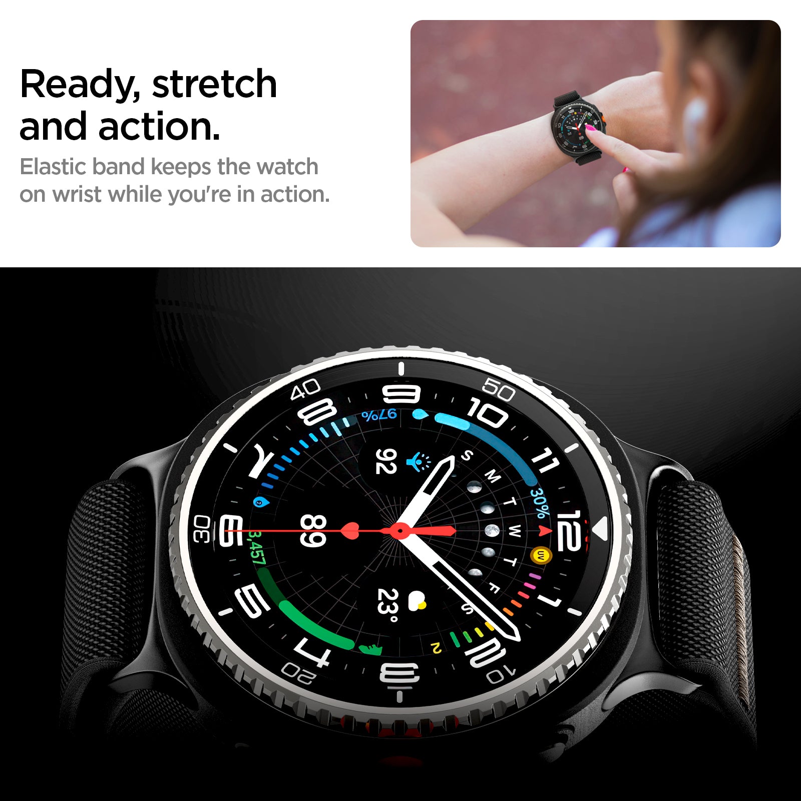 AMP10117 - Galaxy Watch 8 Series Lite Fit Band showing ready, stretch and action. Elastic band keeps the watch on wrist while you're in action