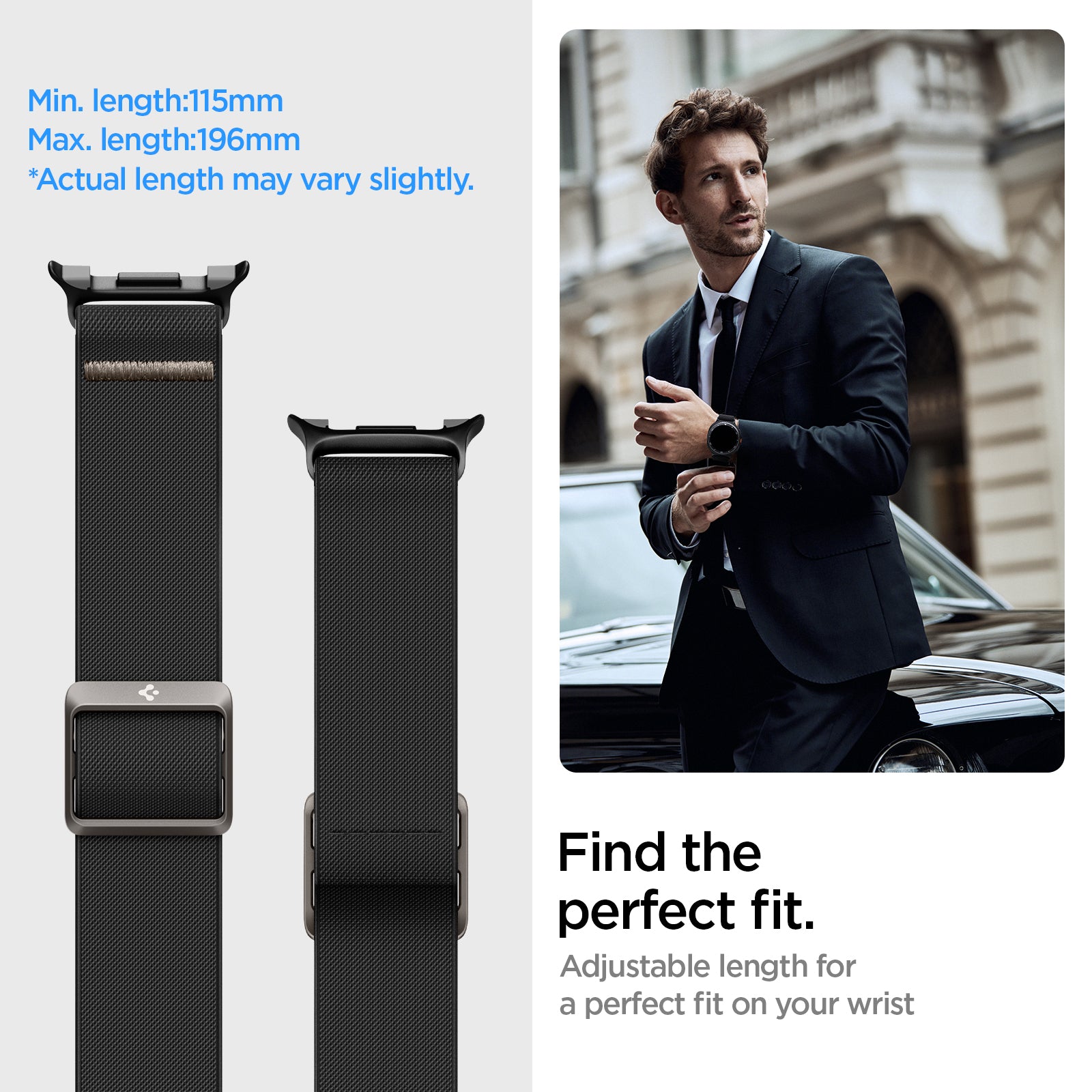 AMP10117 - Galaxy Watch 8 Series Lite Fit Band showing find the perfect fit. Adjustable length for a perfect fit on your wrist.