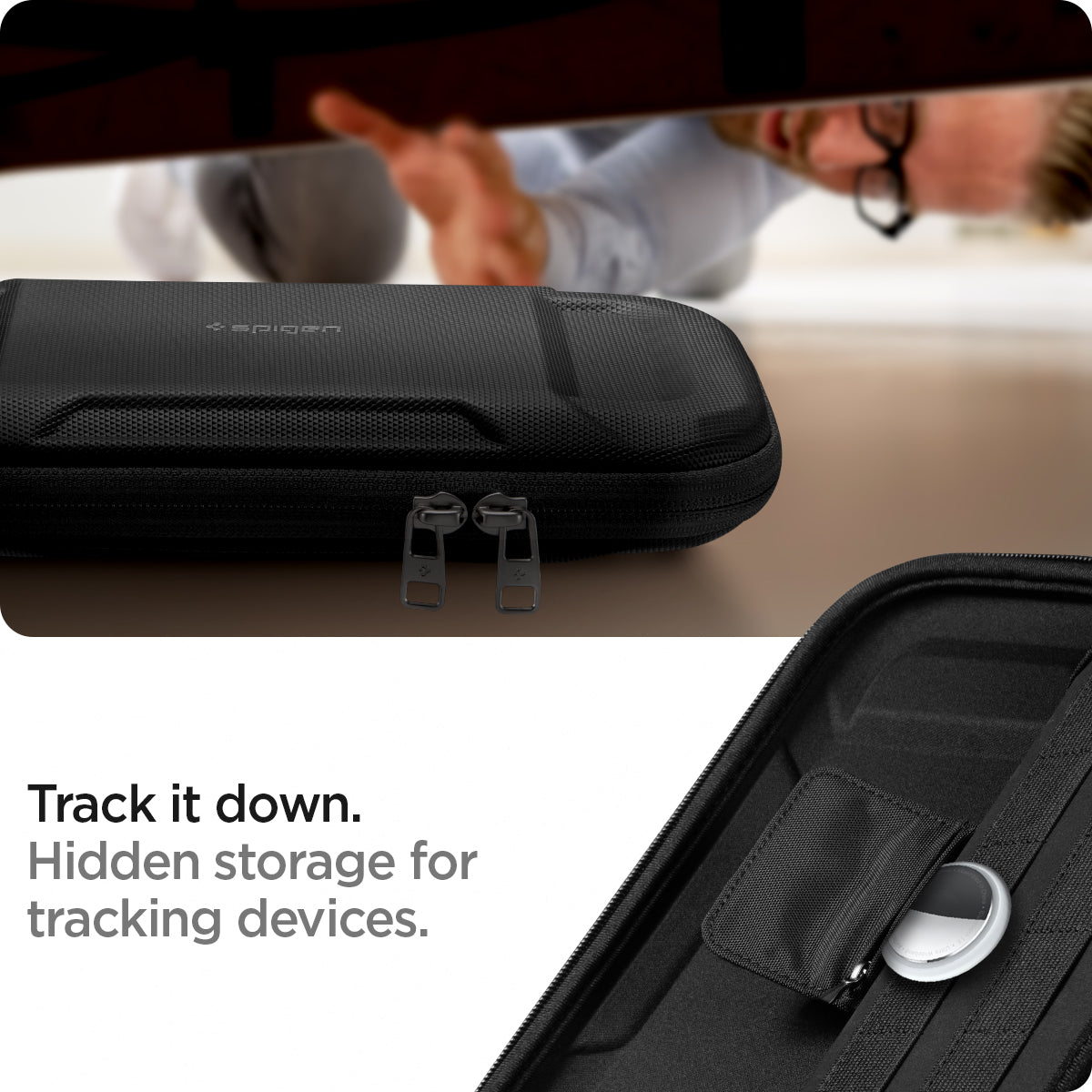 AFA040211 - Nintendo Switch OLED Rugged Armor Pro Pouch in matte black showing the hidden storage for tracking devices
