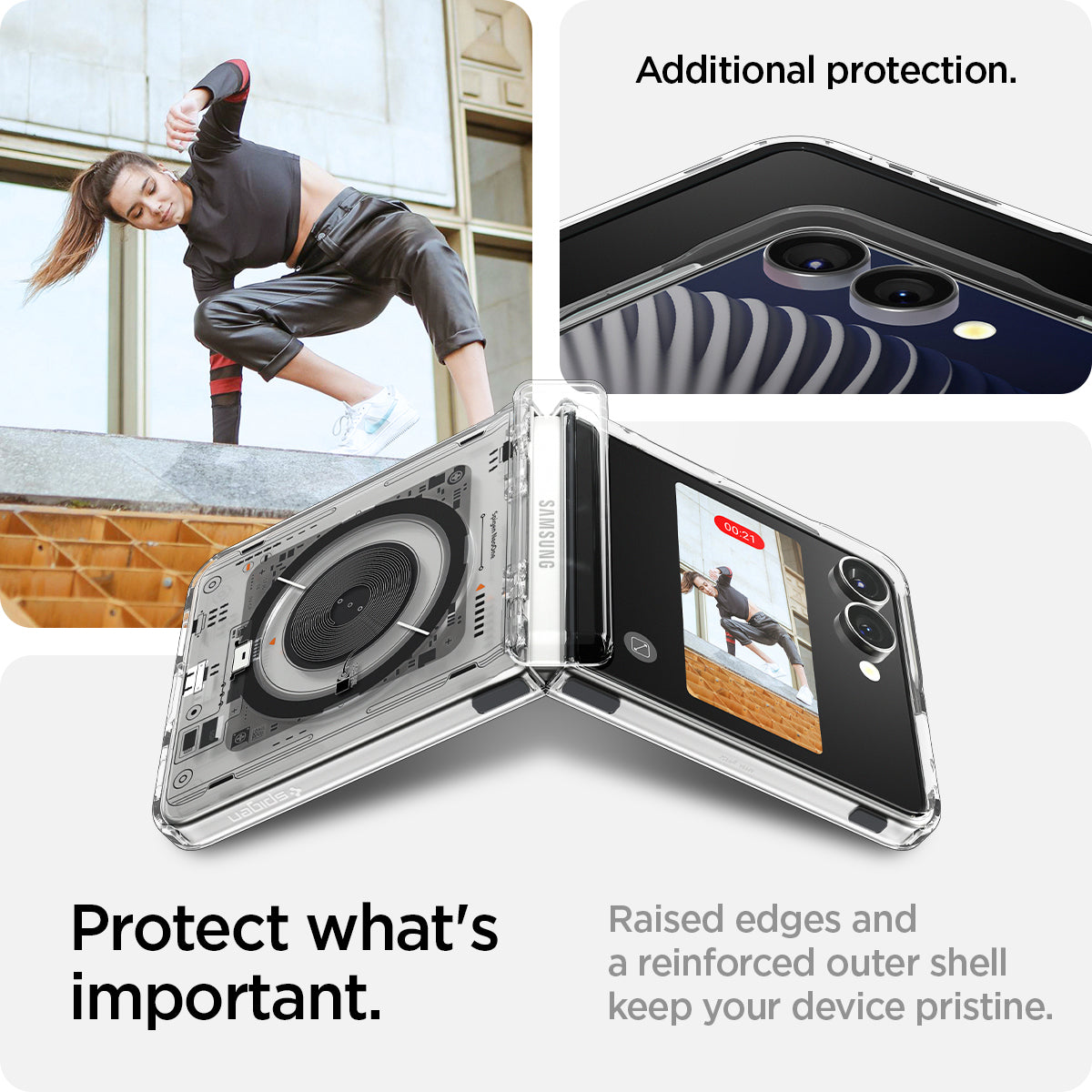 ACS09560 - Galaxy Z Flip 7 Case Ultra Hybrid Pro Neo One (Magfit) showing the additional protection. Protect what's important. Raised edges and a reinforced outer shell keep your device pristine.