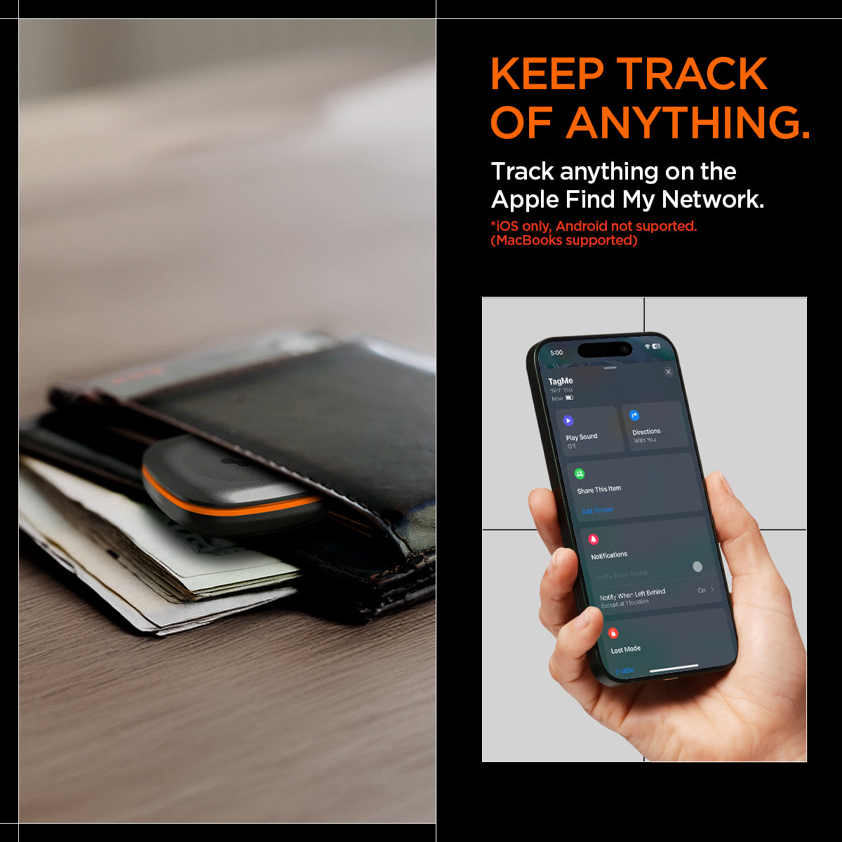 AHP08353 - Spigen TagMe Bluetooth Tracker 4-Pack in Black showing it keep track of anything. Track anything on the Apple Find My Network (OS only, Android not supported, MacBooks supported)