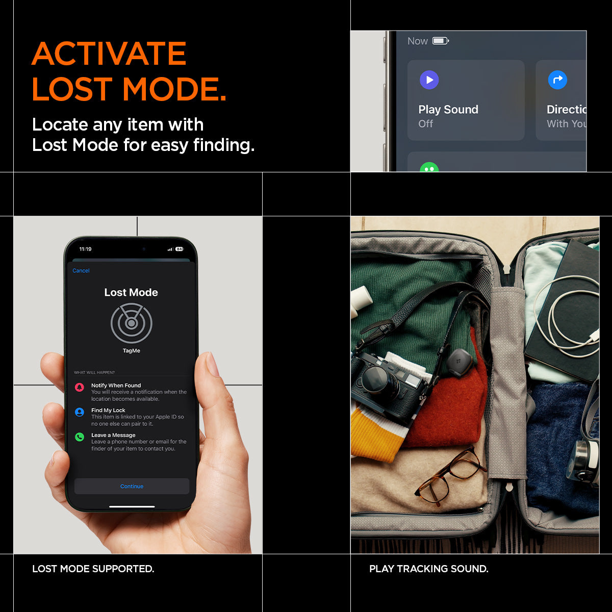 AHP08353 - Spigen TagMe Bluetooth Tracker 4-Pack in Black showing the activate lost mode, locate any item with Lost Mode for easy finding