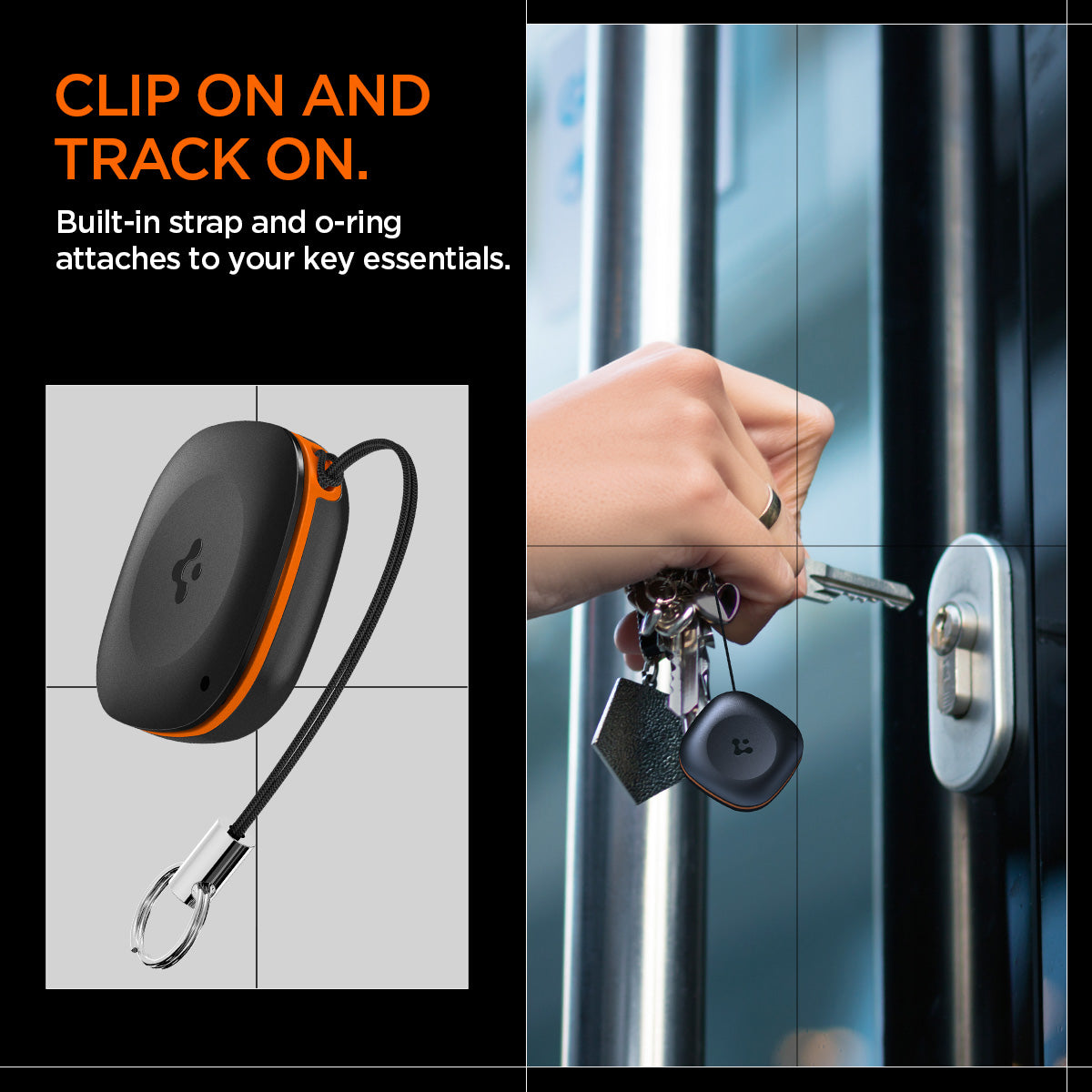 AHP08353 - Spigen TagMe Bluetooth Tracker 4-Pack in Black showing the clip on and track on, built-in strap and o-ring attaches to your key essentials