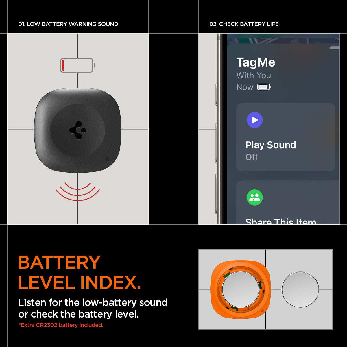 AHP08353 - Spigen TagMe Bluetooth Tracker 4-Pack in Black showing the batter level index, listen for the low-battery sound or check the battery level