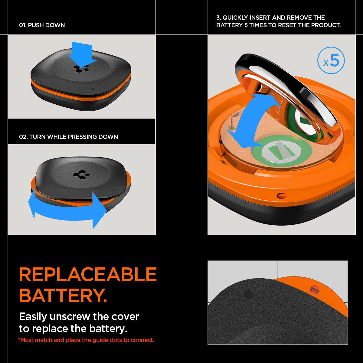 AHP08353 - Spigen TagMe Bluetooth Tracker 4-Pack in Black showing the replaceable battery, easily unscrew the cover to replace the batter. 1. Push down 2. Quickly insert and remove the batter 5 times to reset the product