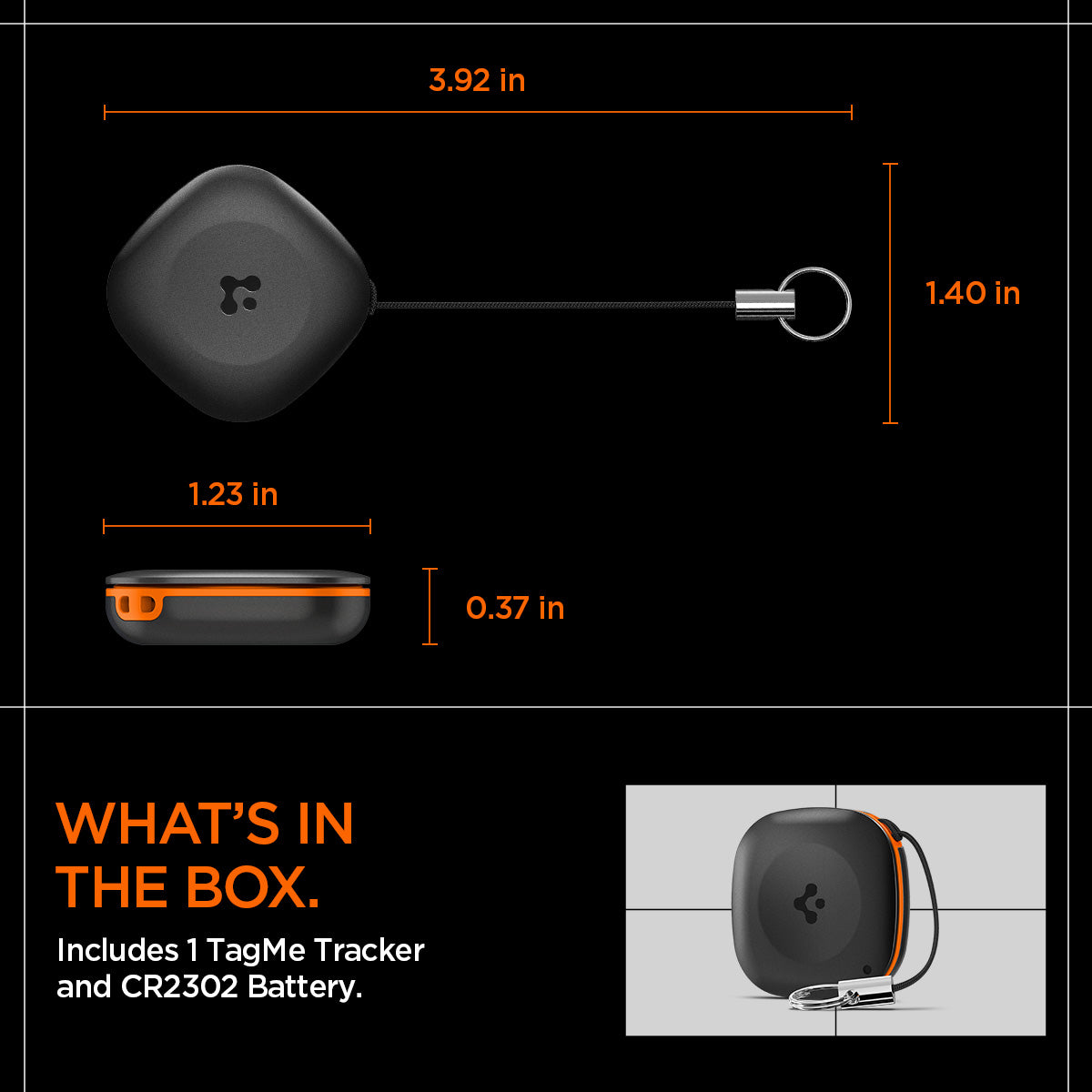 AHP08353 - Spigen TagMe Bluetooth Tracker 4-Pack in Black showing the what's in the box, includes 1 TagMe Tracker and CR2302 Battery. Size from case to strap 3.92 in x 1.40in | case size 1.23in x 0.37in