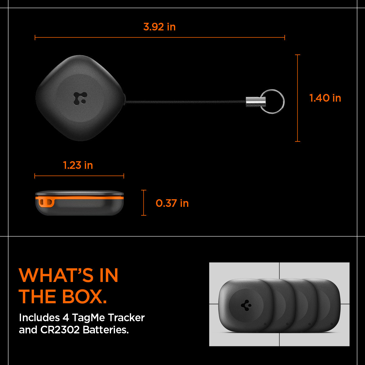 AHP08353 - Spigen TagMe Bluetooth Tracker 4-Pack in Black showing the what's in the box 4 TagMe Tracker and CR2302 Batteries