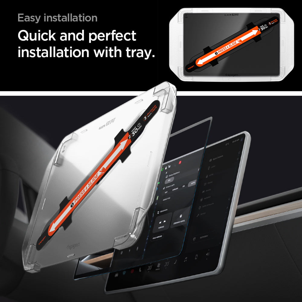 AGL07152 - Model 3 (2024-2025) Highland Screen Protector GLAS.tR EZ Fit | Anti-Glare Highland in Clear Matte showing the easy installation.  Quick and perfect installation with tray.