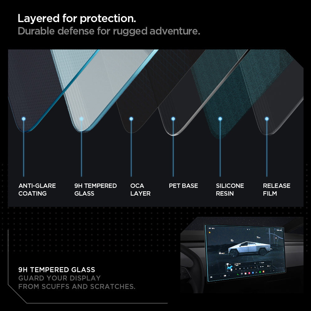 AGL07679 - Tesla Cybertruck (2024-2026) Protector GLAS.tR EZ Fit Anti-Glare in Clear Matte showing layered for protection. durable defense for rugged adventure. anti glare coating. 9H tempered glass, OCA layer, pet base, silicone resin, release film. 9H tempered glass. guard you display from scuffs and scratches.