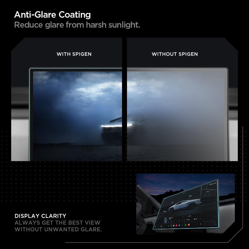 AGL07679 - Tesla Cybertruck (2024-2026) Protector GLAS.tR EZ Fit Anti-Glare in Clear Matte anti glare coating. Reduce glare from harsh sunlight. compare with ang with out spigen. Display clarity. Always get the best vies without unwanted glare.
