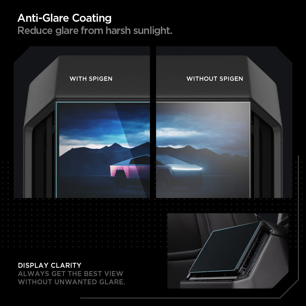AGL07680 - Tesla Cybertruck (2024-2026) Screen Protector Glas.tR SLIM Anti-Glare (Rear) in Clear anti glare coating. Reduce glare from harsh sunlight. compare with ang with out spigen. Display clarity. Always get the best vies without unwanted glare.