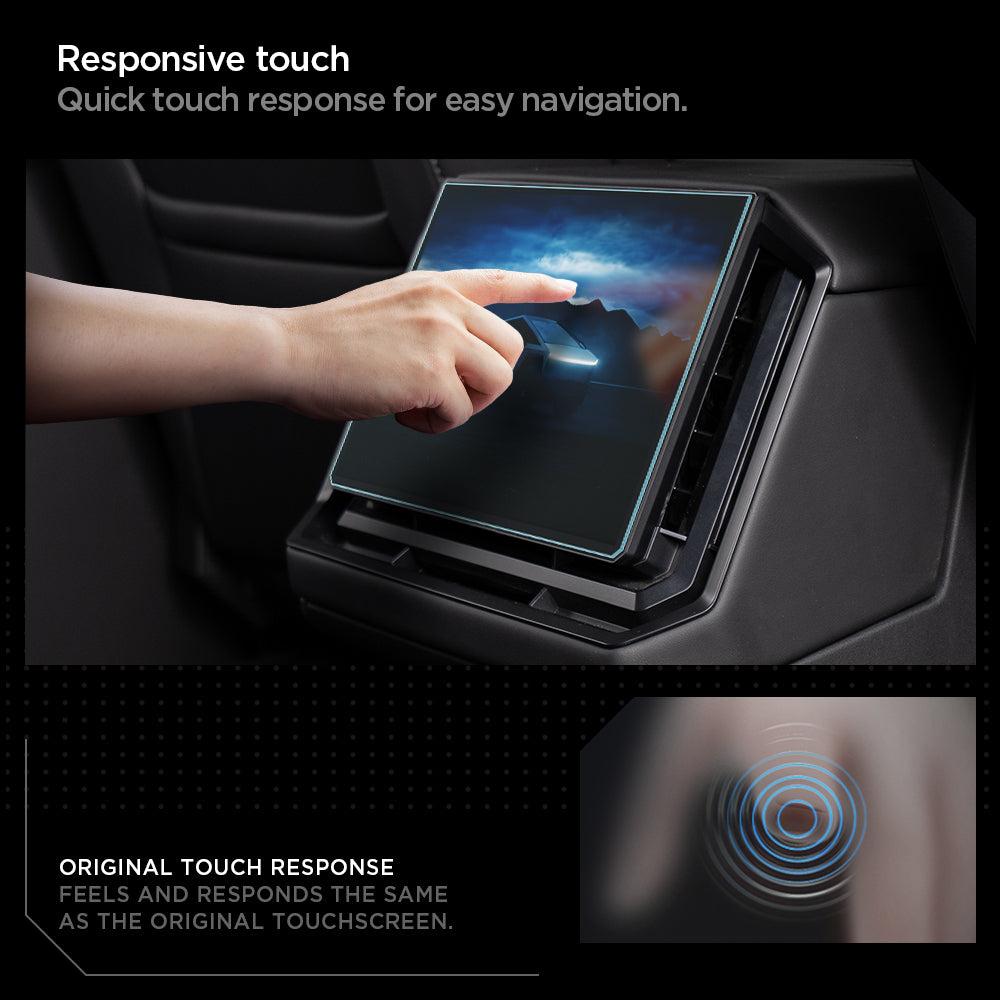 AGL07680 - Tesla Cybertruck (2024-2026) Screen Protector Glas.tR SLIM Anti-Glare (Rear) in Clear showing responsive touch. quick touch response for easy navigation. original touch response feels and responds the same as the original touchscreen.