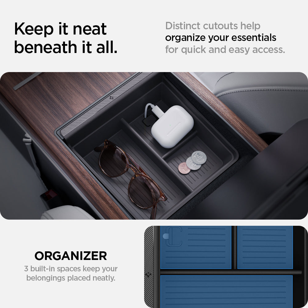 ACP06952 - Tesla Model S & X Center Console Organizer Tray in black keep it neat beneath it all. Distinct cutouts help organize your essentials for quick and easy access. Organizer 3 built in spaces keep your belongings placed neatly
