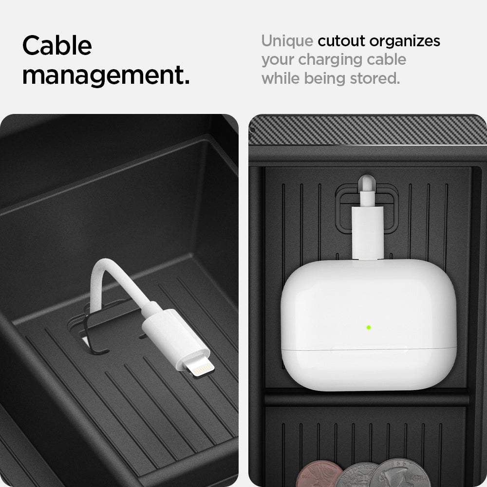 ACP06952 - Tesla Model S & X Center Console Organizer Tray in black cable management unique cutout organizes your charging cable while being stored.