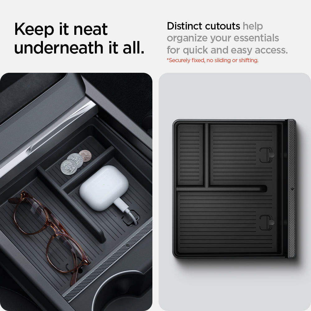 ACP07407 - Model 3 (2024-2025) Highland | Model Y (2025) Refresh Center Console Organizer Upper Tray Non Slide | TO220H showing the distinct cutouts help organize your essentials for quick and easy access. (Securely fixed, no sliding or shifting)
