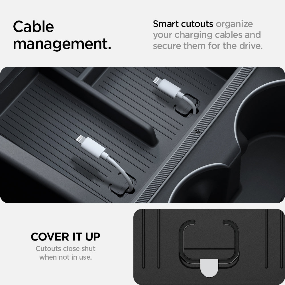ACP07407 - Model 3 (2024-2025) Highland | Model Y (2025) Refresh Center Console Organizer Upper Tray Non Slide | TO220H showing the cable management. Smart cutouts organize your charging cables and secure them for the drive. Cutouts close shut when not in use