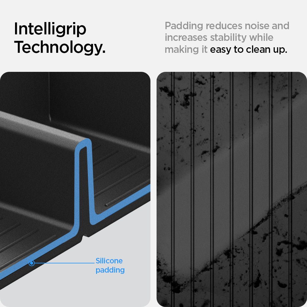 ACP07407 - Model 3 (2024-2025) Highland | Model Y (2025) Refresh Center Console Organizer Upper Tray Non Slide | TO220H showing the Intelligrip Technology. Padding reduces noises and increases stability while making it easy to clean up