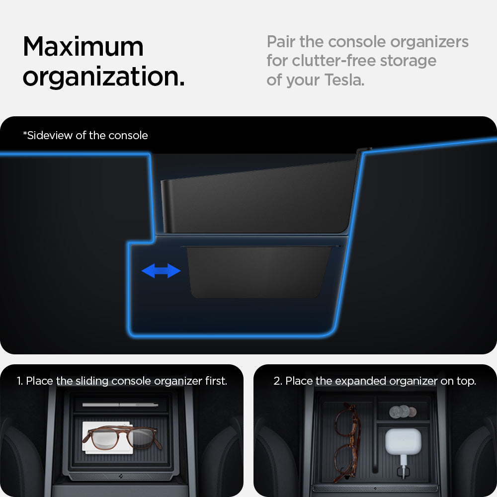 ACP07407 - Model 3 (2024-2025) Highland | Model Y (2025) Refresh Center Console Organizer Upper Tray Non Slide | TO220H showing the maximum organization. Pair the console organizers for clutter-free storage of your Tesla. 1. Place the sliding console organizer first 2. Place the expanded organizer on top