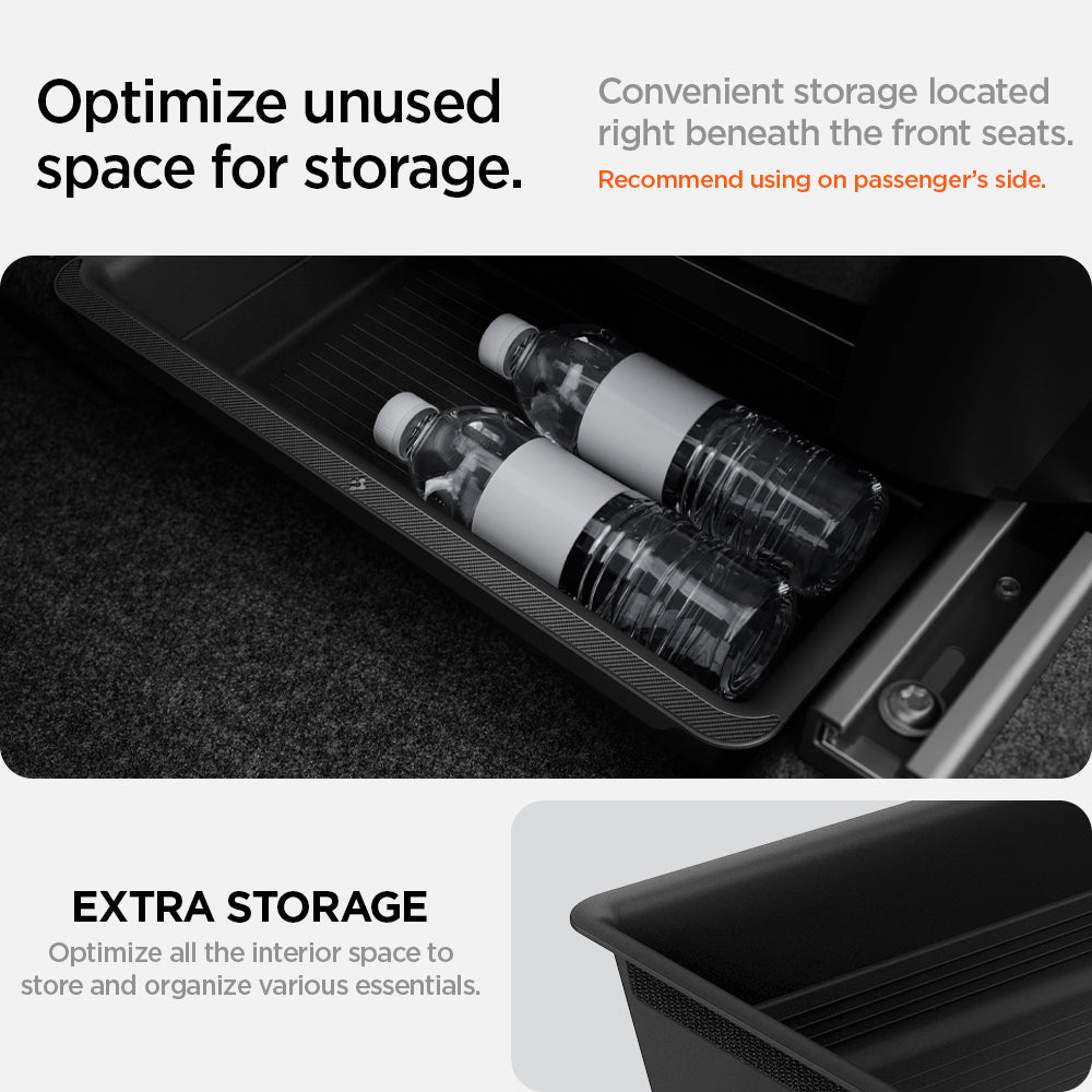 ACP05757 - Model Y (2021-2026) Underseat Storage Box | TO222 showing the optimized unused space for storage. Convenient storage located right beneath the front seats. (recommended using on passenger's side. Optimize all the interior space to store and organize various essentials