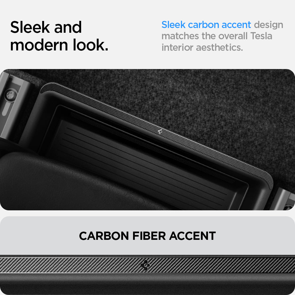 ACP05757 - Model Y (2021-2026) Underseat Storage Box | TO222 showing the sleek and modern look. Sleek carbon accent design matches the overall Tesla interior aesthetics. Carbon Fiber Accent