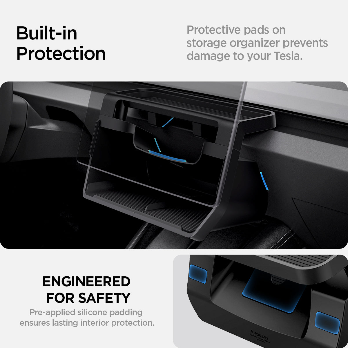 ACP08373 - Tesla Model 3 Highland Under Screen Organizer TO227H in Black built in protection. protective silicone pads prevent damage and reduce noise while driving. Engineered for safety. pre applied silicone padding ensures lasting interior protection.
