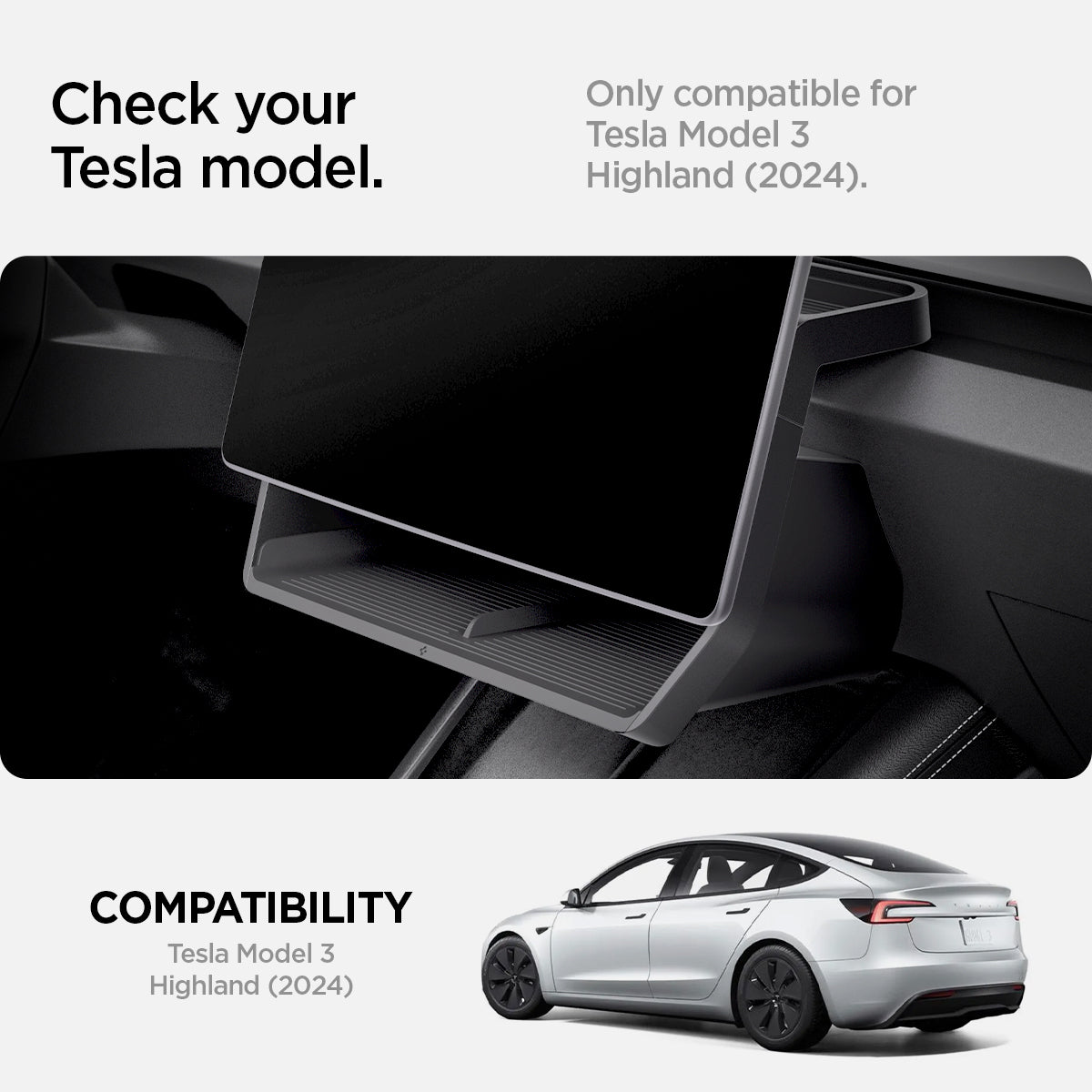 ACP08373 - Tesla Model 3 Highland Under Screen Organizer TO227H in Black showing the Check your Tesla model, only compatible for Model 3 2024 (Highland)
