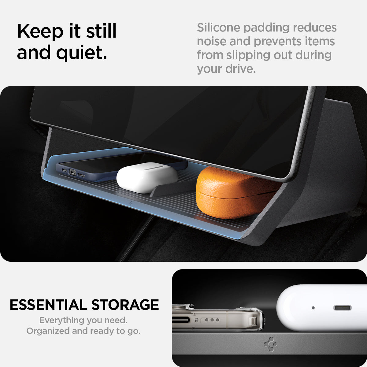 ACP08373 - Tesla Model 3 Highland Under Screen Organizer TO227H in Black showing the Keep it neat underneath it all. Tesla storage organizer holds all your essentials for quick and easy access. Essential storage, everything you need. Organized and ready to go.