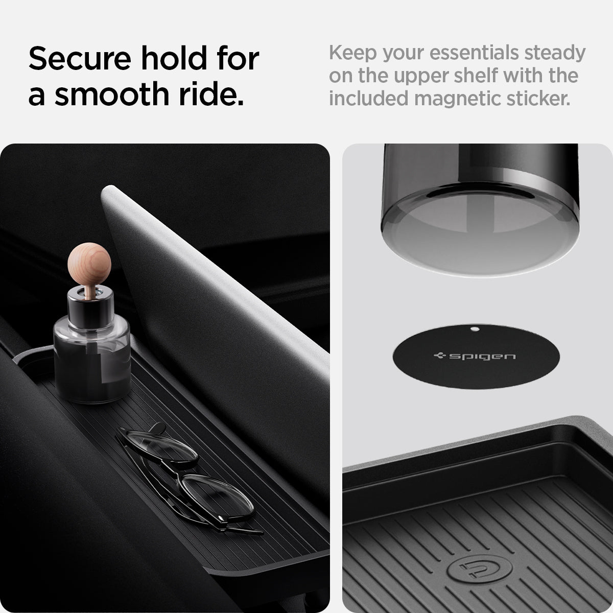ACP08373 - Tesla Model 3 Highland Under Screen Organizer TO227H in Black showing the Secure hold for a smooth ride, keep your essentials steady on the upper shelf with the included magnetic sticker