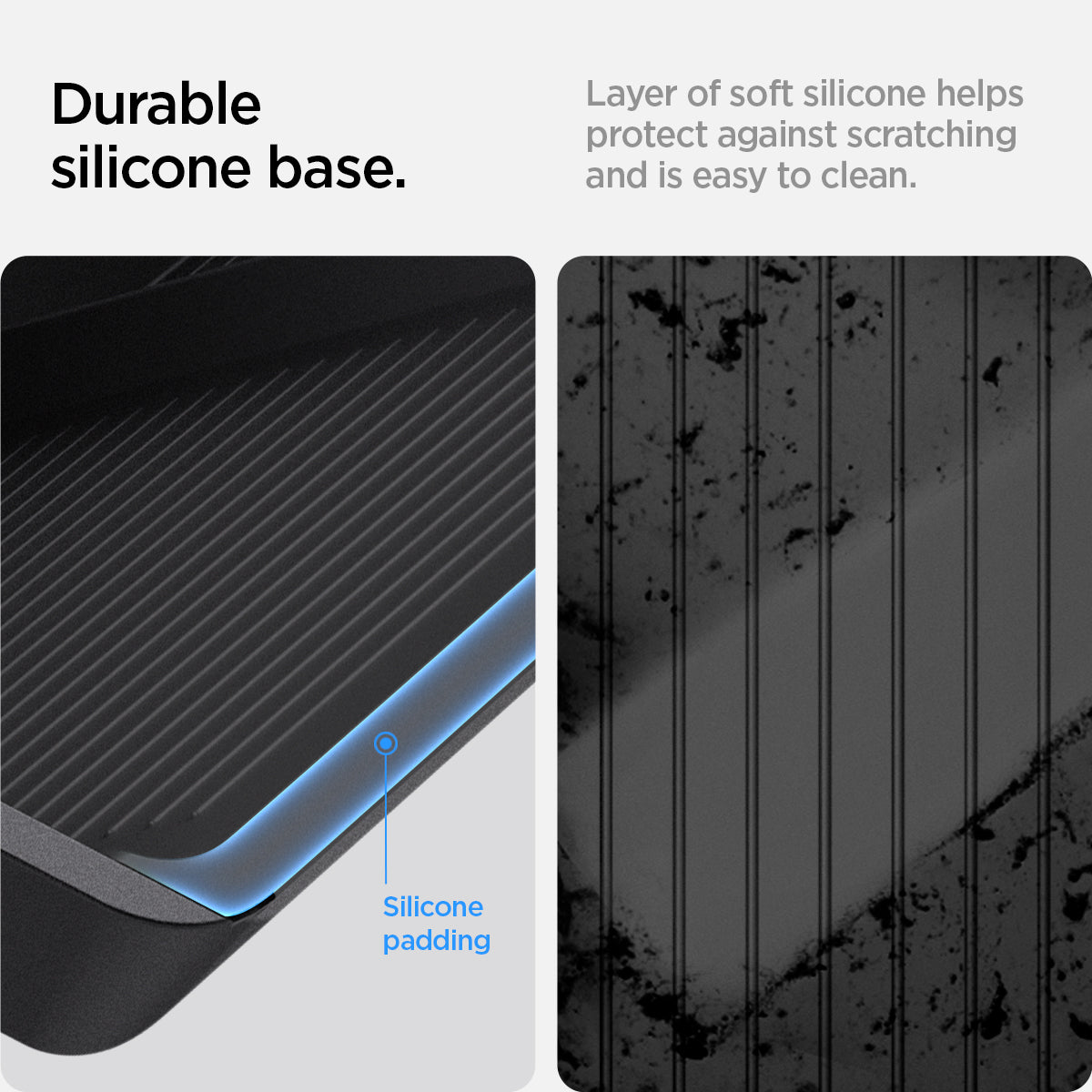 ACP08373 - Tesla Model 3 Highland Under Screen Organizer TO227H in Black showing the Durable silicone base. Layer of soft silicone helps protect against scratching and is easy to clean and it also includes with silicone padding