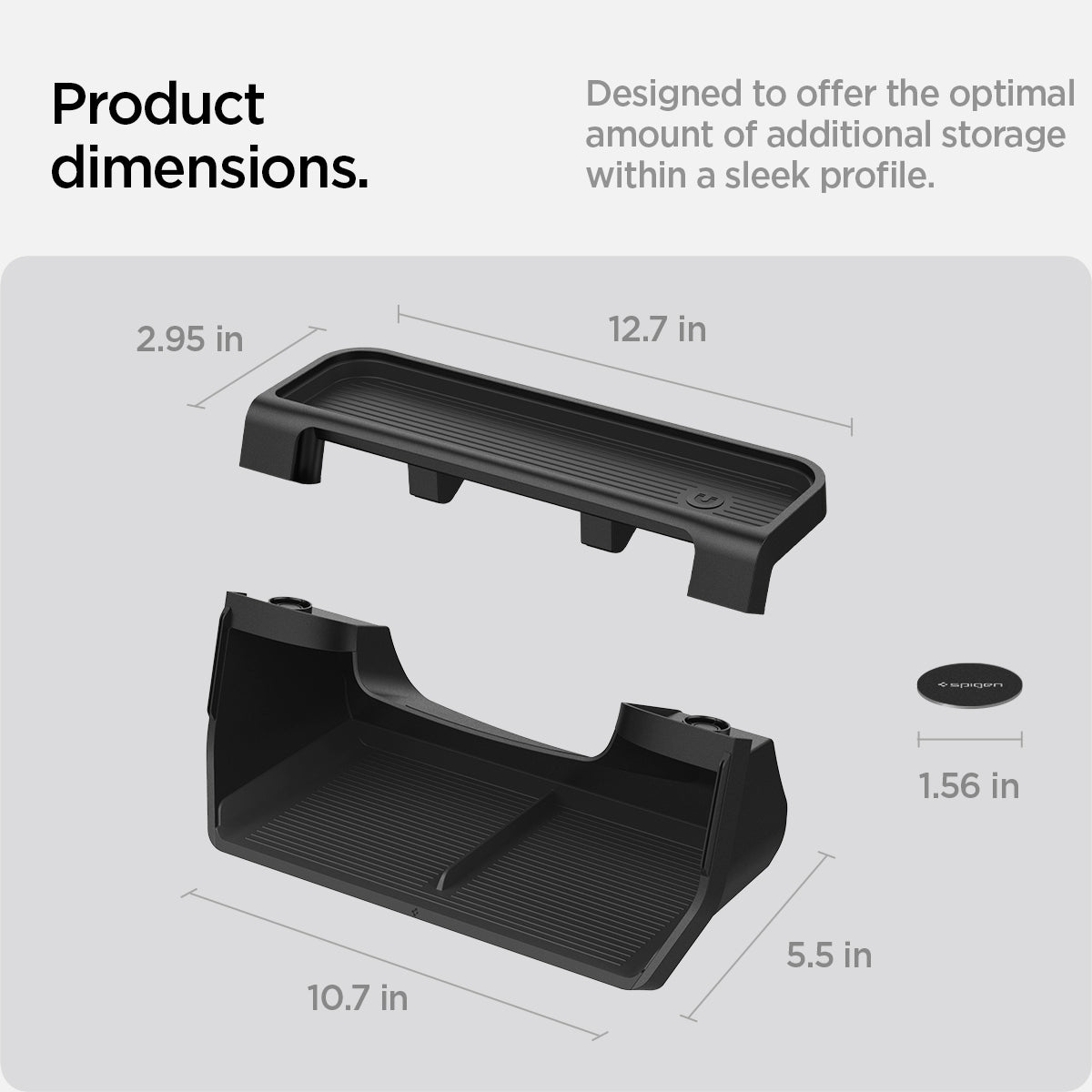 ACP08373 - Tesla Model 3 Highland Under Screen Organizer TO227H in Black showing the Product dimensions. Designed to offer the optimal amount of additional storage within a sleek profile. Size of the top layer: 4.25 in x 11.75 in x .25 in, inner layer: 5 in x 10 in x 5 in with sticker size of 1.56 in