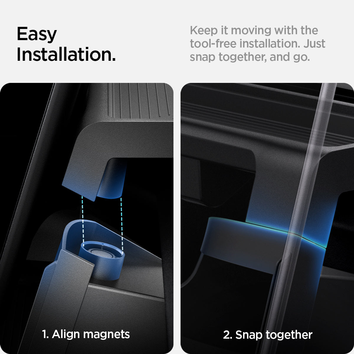 ACP08373 - Tesla Model 3 Highland Under Screen Organizer TO227H in Black showing the Easy Installation, keep it moving with the tool-free installation. Just snap together, and go. 1. Align magnets 2 Snap together