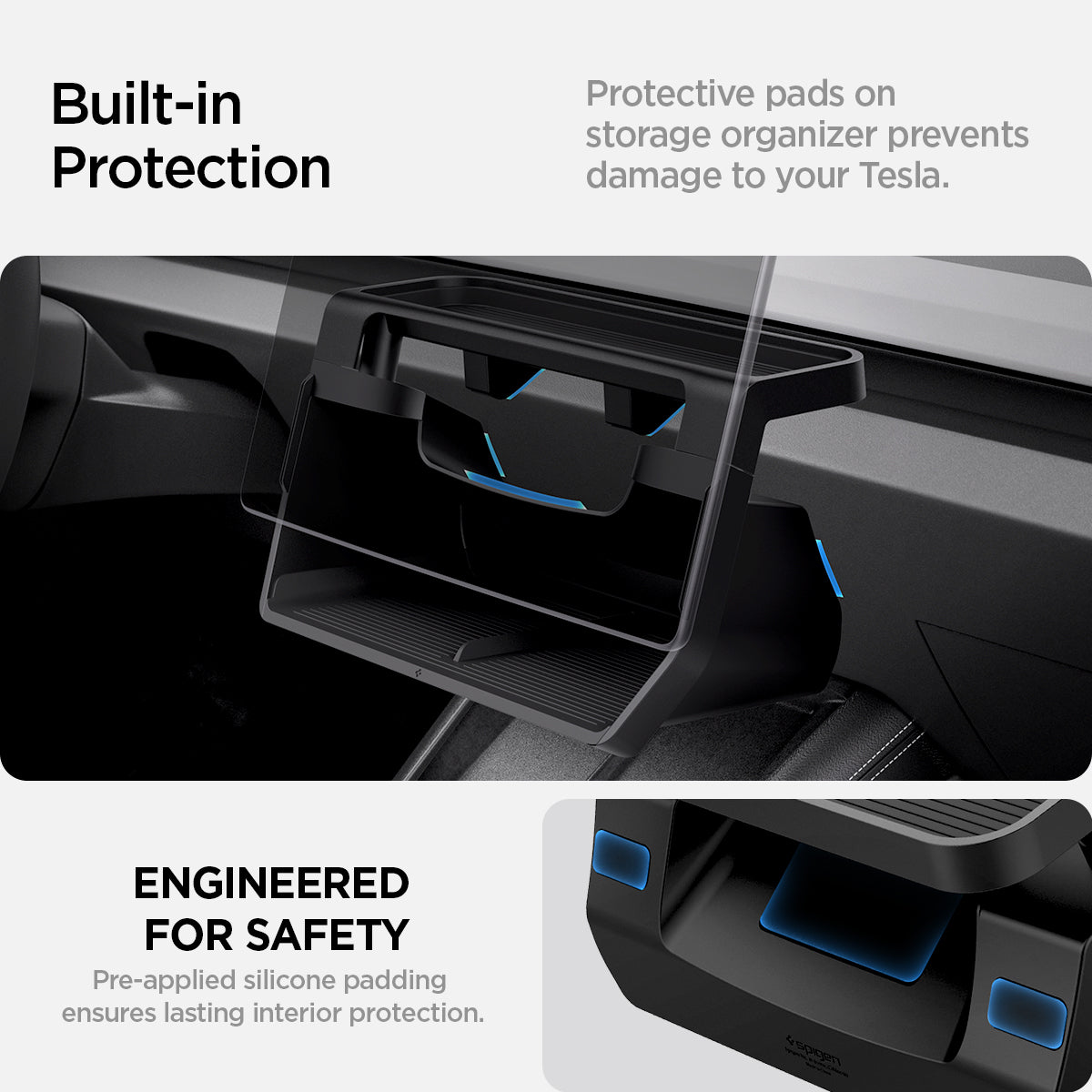 ACP08373 - Tesla Model 3 Highland Under Screen Organizer TO227H in Black built in protection. protective silicone pads prevent damage and reduce noise while driving. Engineered for safety. pre applied silicone padding ensures lasting interior protection.