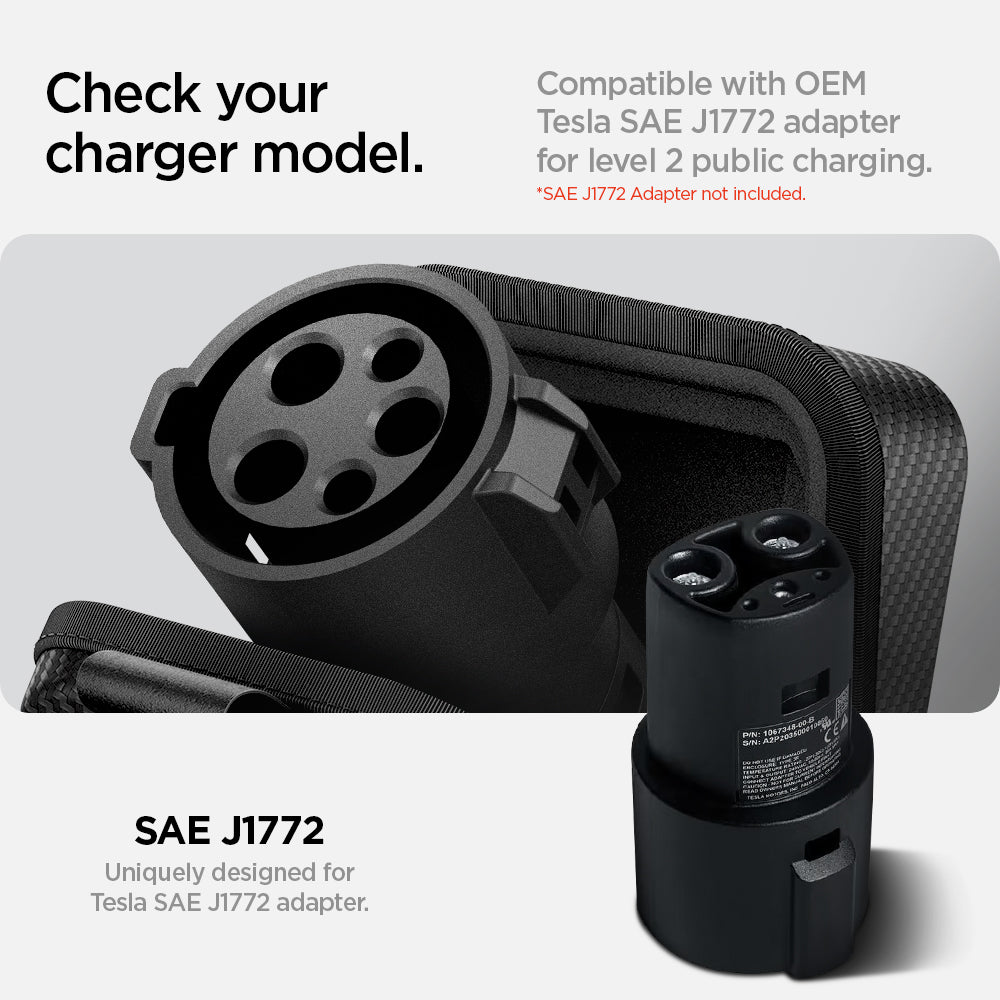 ACS09016 - Tesla SAE J1772 Charging Adapter Case TO254 in Black showing the check your charger model, compatible with EOM Tesla SAE J1772 adapter for level 2 public charging unique designed for Tesla SAE J1772 adapter