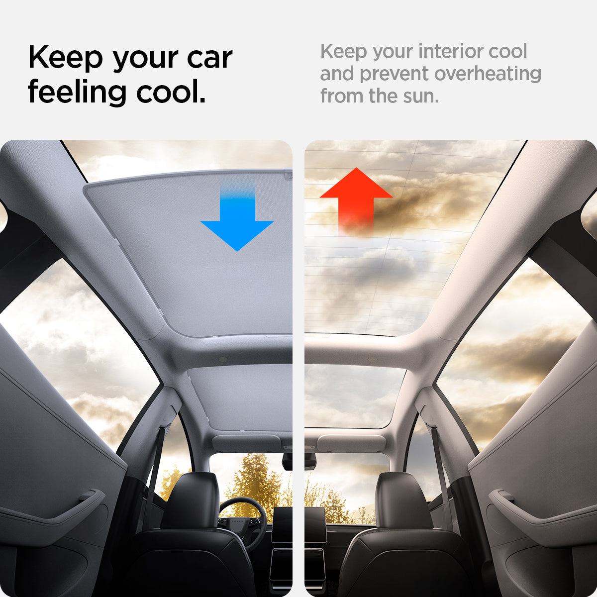 ACP08897 - Tesla Model 3 Highland CryoShade Sunroof | TO261H in Black showing how it keep your car feeling cool. Keep your interior cool and prevent overheating from the sun