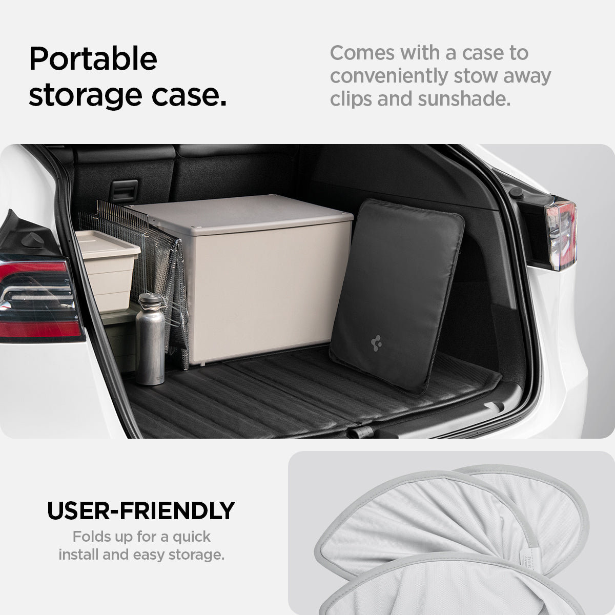ACP08897 - Tesla Model 3 Highland CryoShade Sunroof | TO261H in Black showing the portable storage case. Comes with a case to conveniently stow away clips and sunshade, user-friendly. Folds up for quick install and easy storage