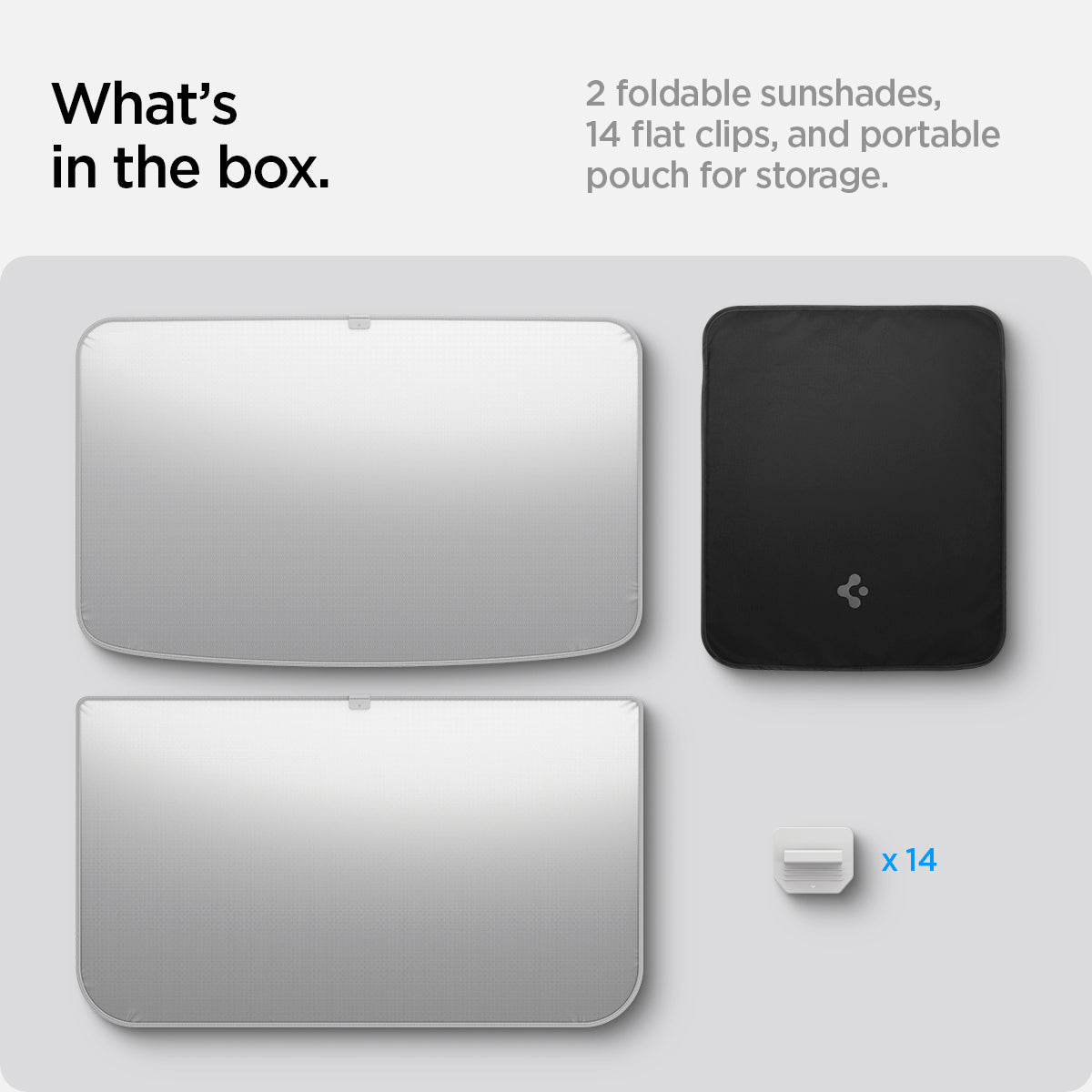 ACP08897 - Tesla Model 3 Highland CryoShade Sunroof | TO261H in Black showing the what's in the box. 2 foldable sunshades, 14 flat clips, and portable pouch for storage